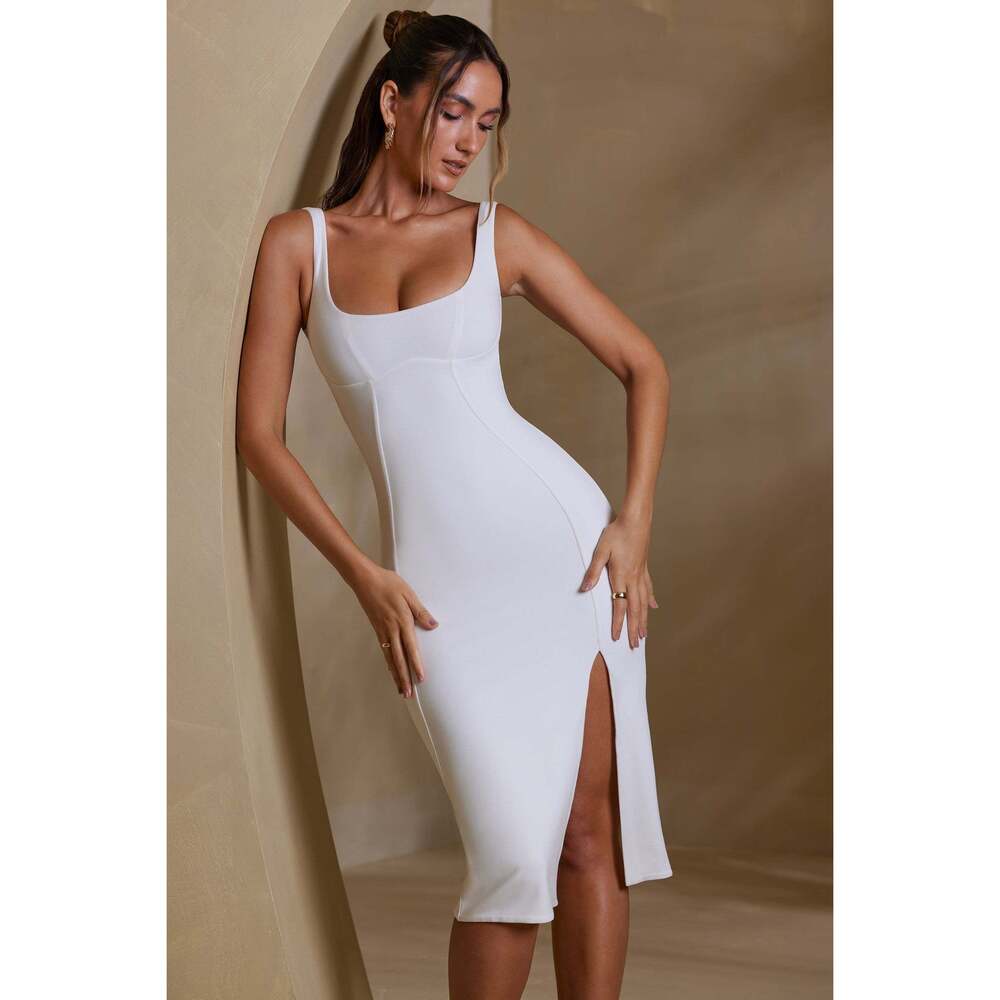 Oh Polly Square Neck Bodycon Midi Dress in White 2